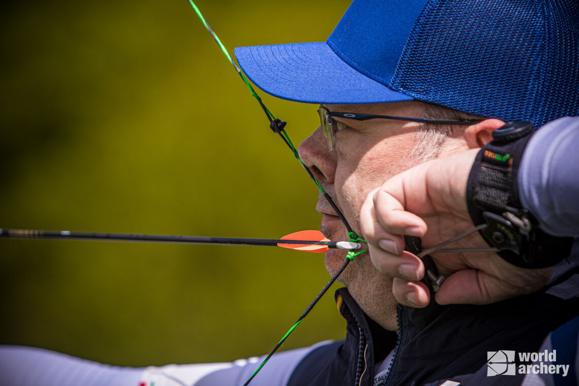 A close-up of Sergio Pagni shooting during practice at the second stage of the Hyundai Archery World Cup in 2021.