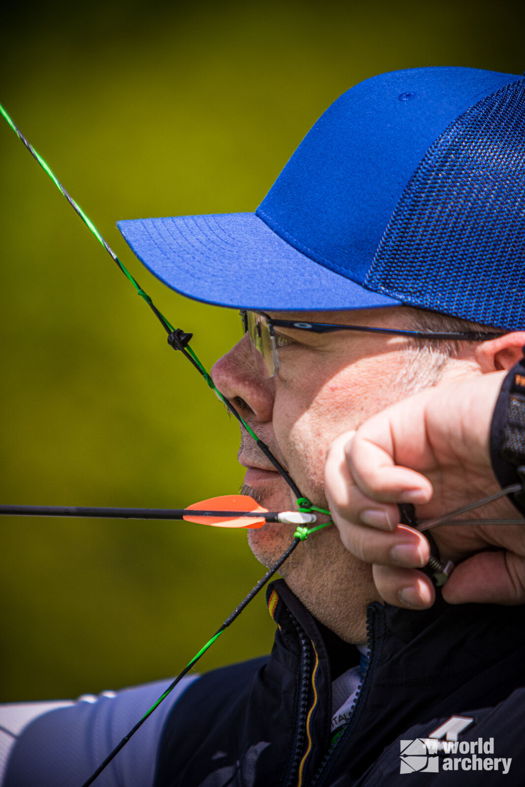 A close-up of Sergio Pagni shooting during practice at the second stage of the Hyundai Archery World Cup in 2021.