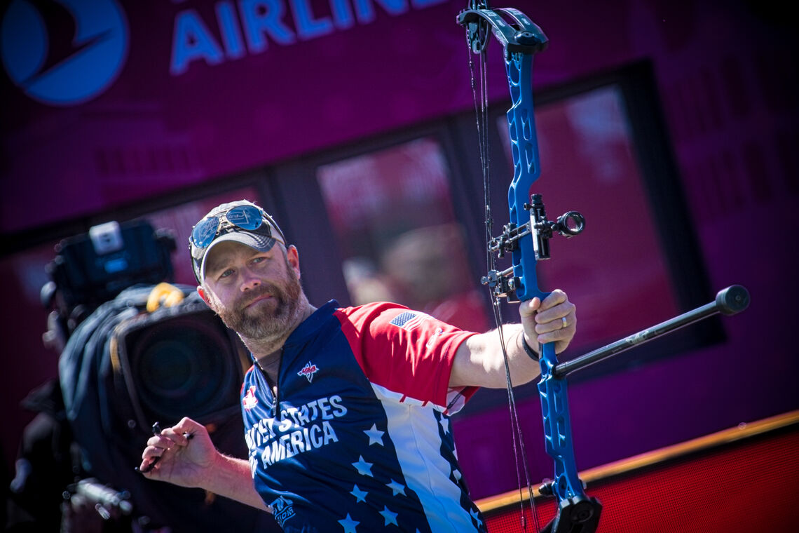 Braden Gellenthien shoots during the second stage of the Hyundai Archery World Cup in 2021.