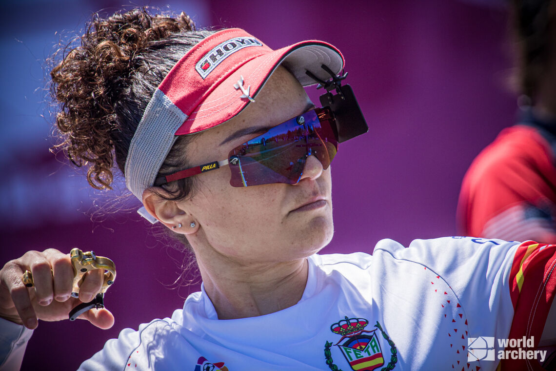 Andrea Marcos shoots during the semifinals at the second stage of the Hyundai Archery World Cup in 2021.
