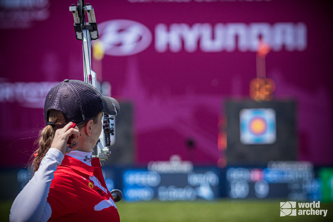 Tanja Gellenthien shoots during the gold medal match at the second stage of the Hyundai Archery World Cup in 2021.