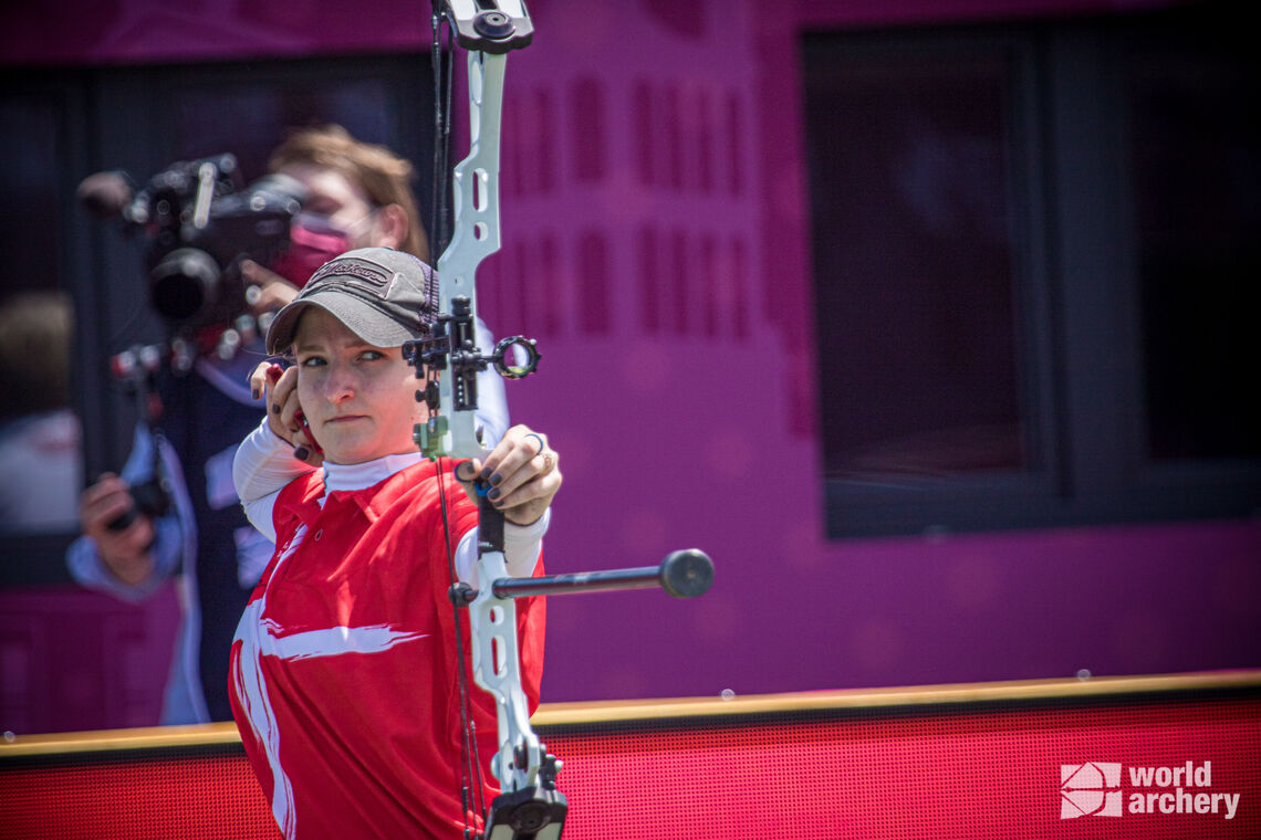 Tanja Gellenthien shoots during the gold medal match at the second stage of the Hyundai Archery World Cup in 2021.
