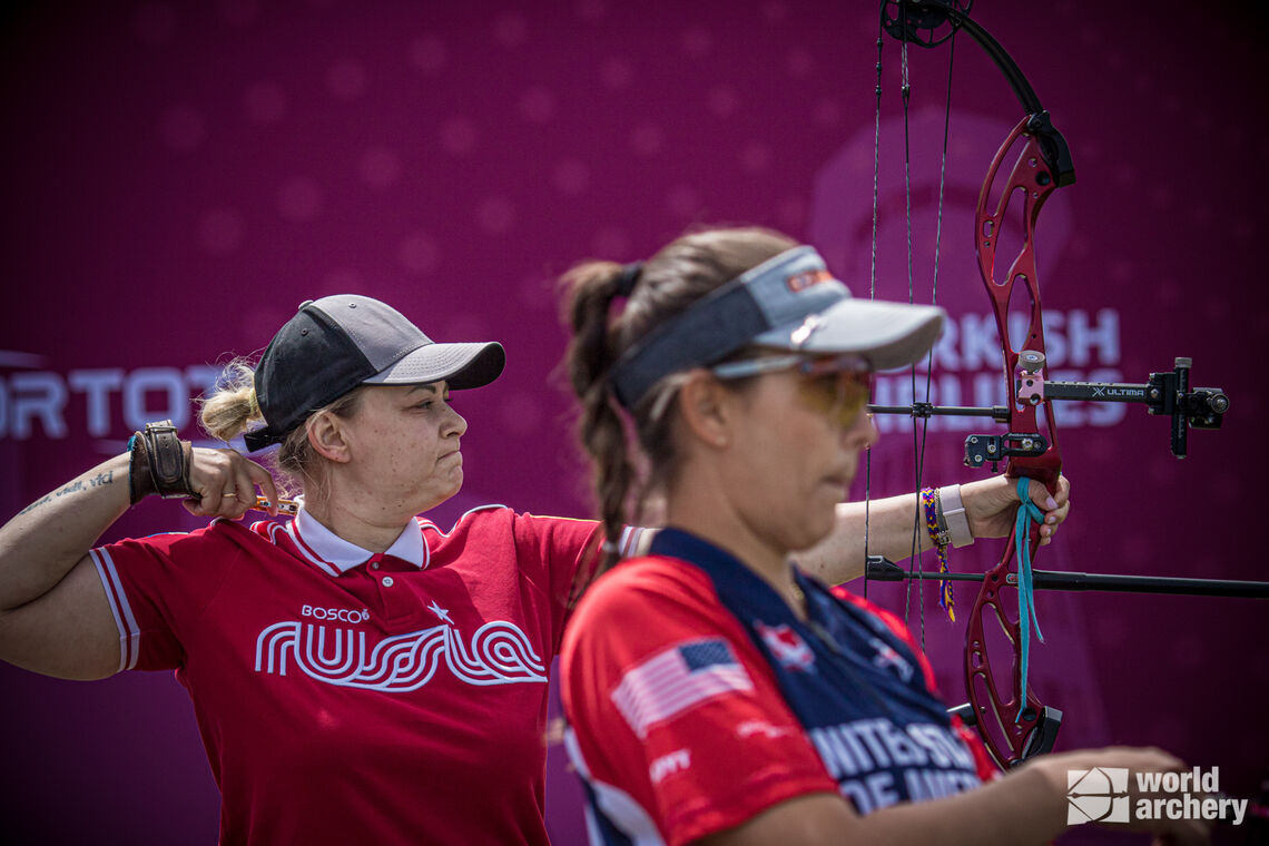 Natalia Avdeeva shoots during the bronze medal match at the second stage of the Hyundai Archery World Cup in 2021.