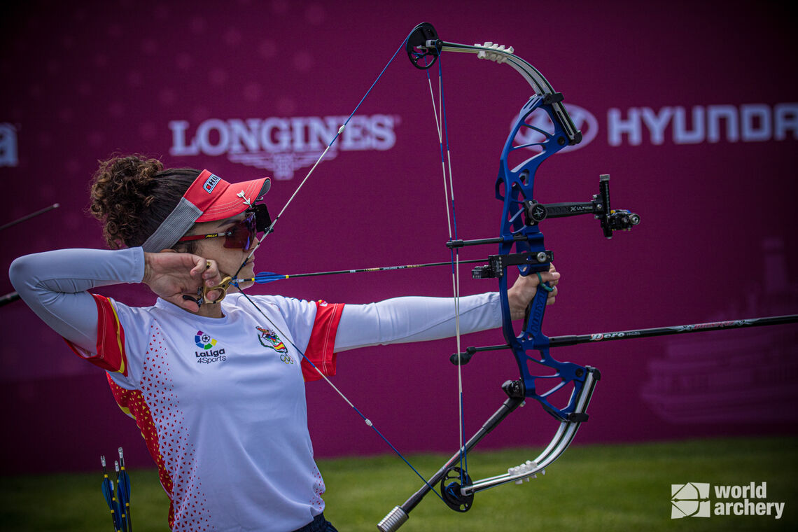 Andrea Marcos shoots during the gold medal match at the second stage of the Hyundai Archery World Cup in 2021.