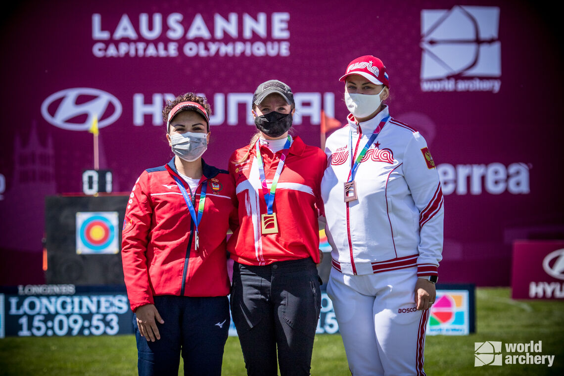 The compound women’s podium at the second stage of the Hyundai Archery World Cup in 2021.