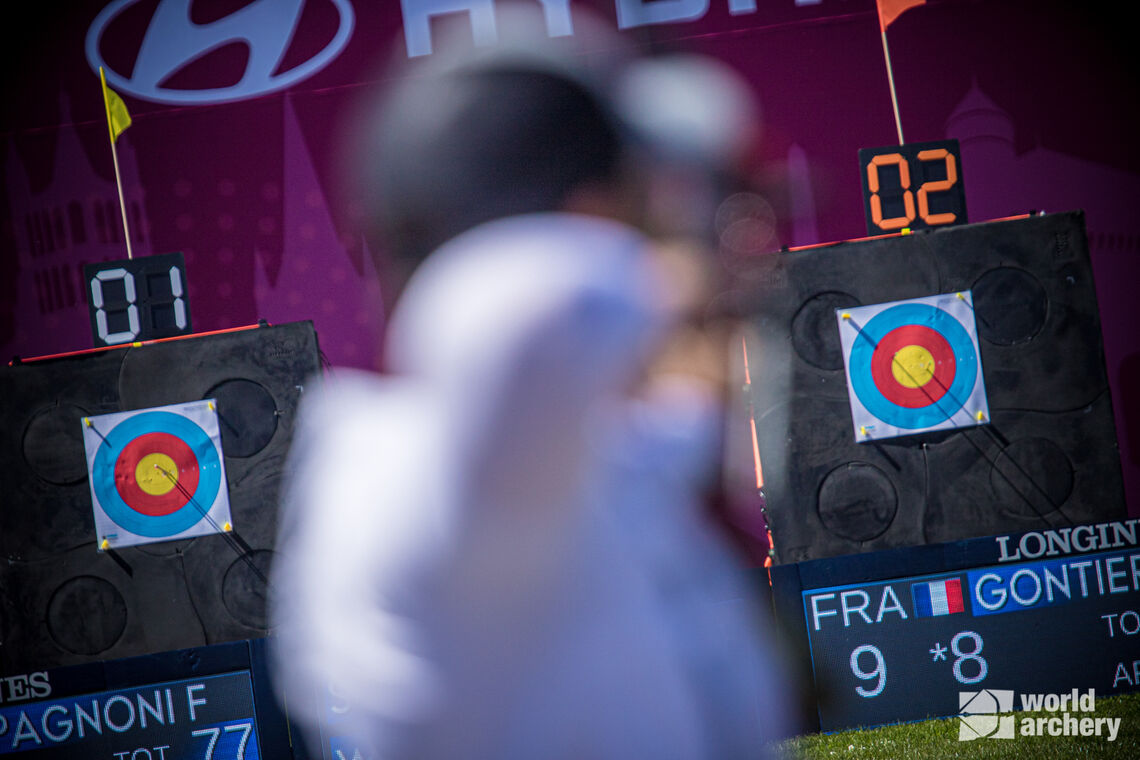 Adrien Gontier shoots during the semifinals at the second stage of the Hyundai Archery World Cup in 2021.