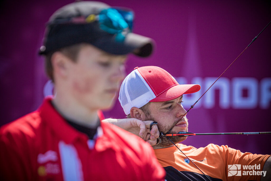 Mike Schloesser shoots during the semifinals at the second stage of the Hyundai Archery World Cup in 2021.