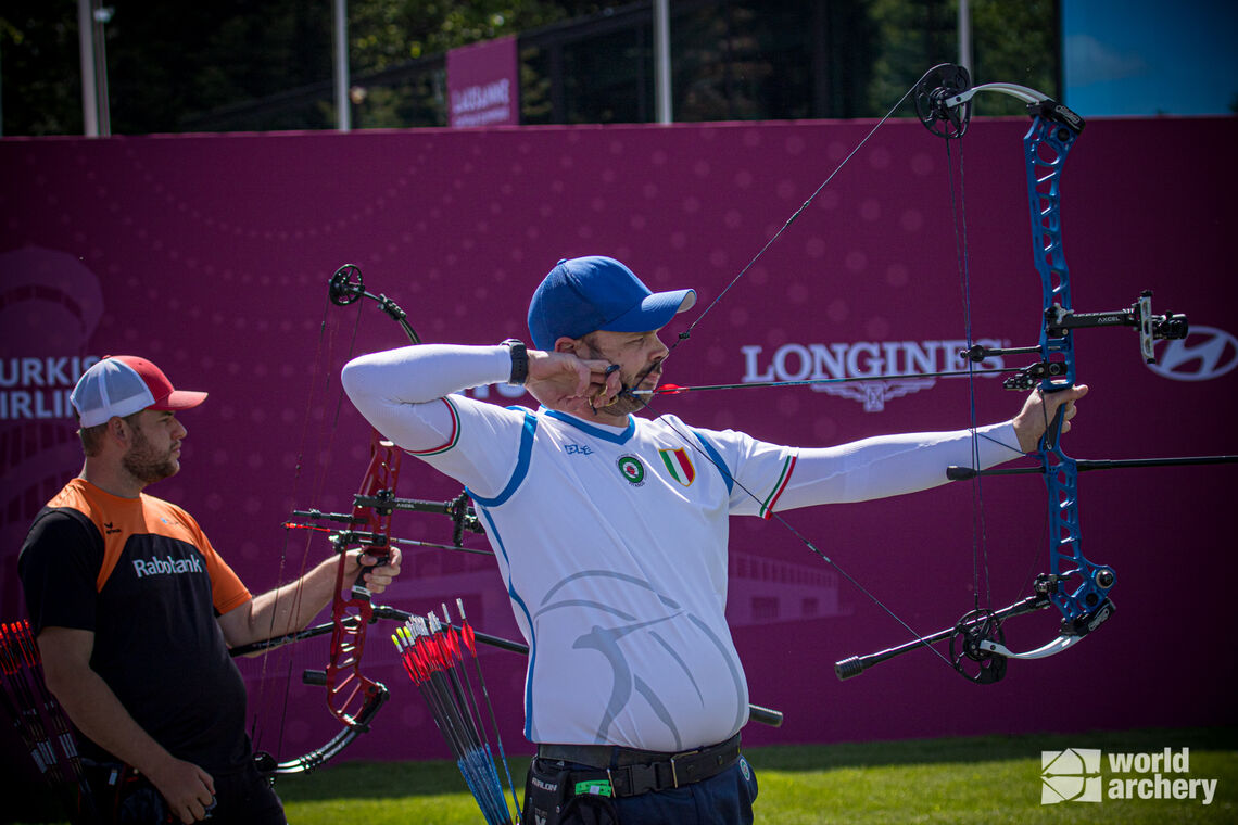 Federico Pagnoni shoots during the gold medal match at the second stage of the Hyundai Archery World Cup in 2021.