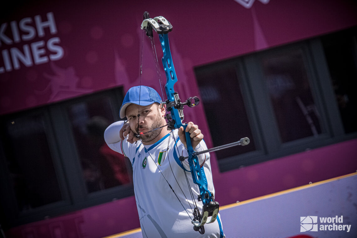 Federico Pagnoni shoots during the gold medal match at the second stage of the Hyundai Archery World Cup in 2021.