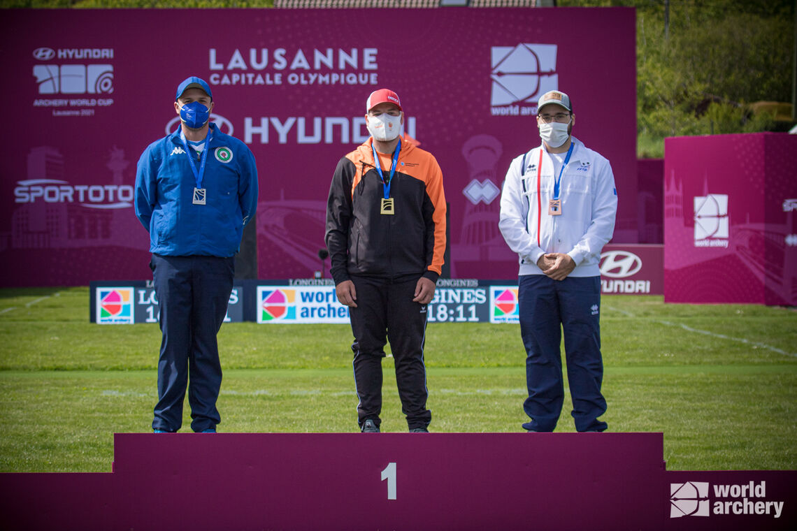 The compound men’s podium at the second stage of the Hyundai Archery World Cup in 2021.