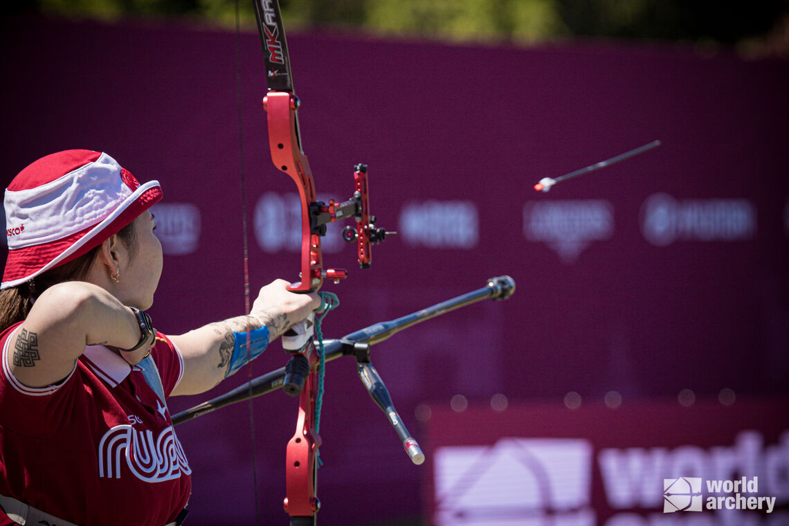 Svetlana Gomboeva shoots during the semifinals at the second stage of the Hyundai Archery World Cup in 2021.