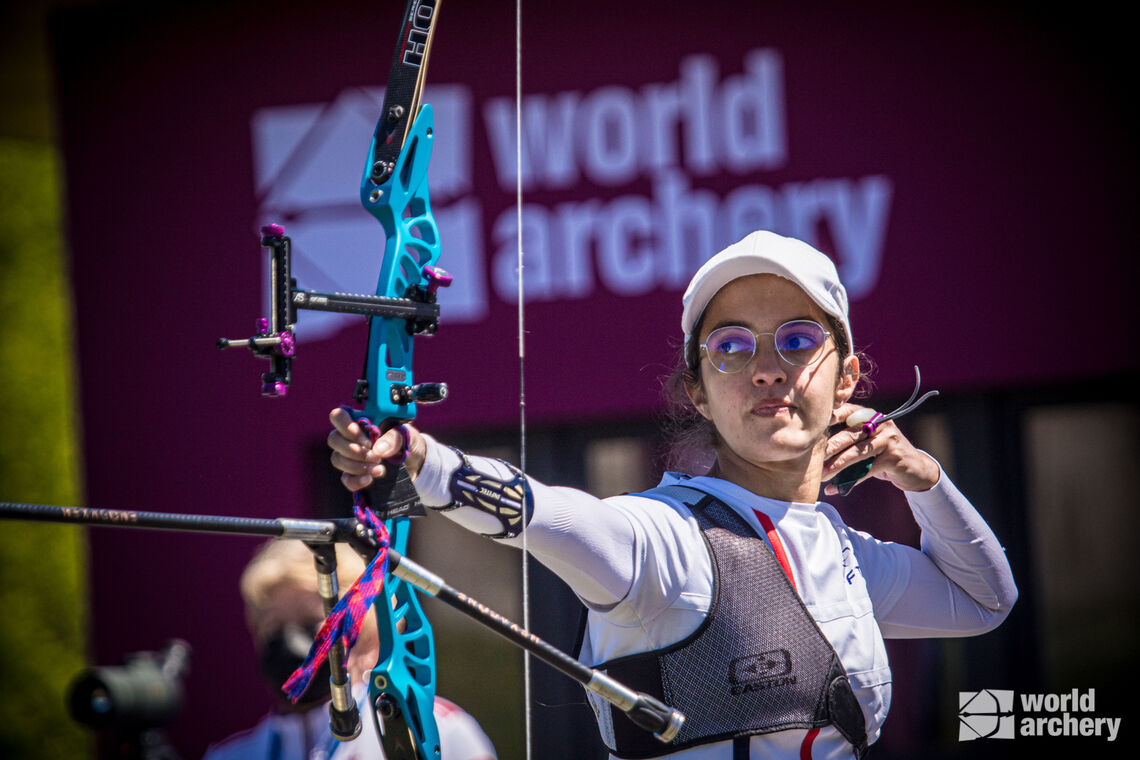 Audrey Adiceom shoots during the semifinals at the second stage of the Hyundai Archery World Cup in 2021.