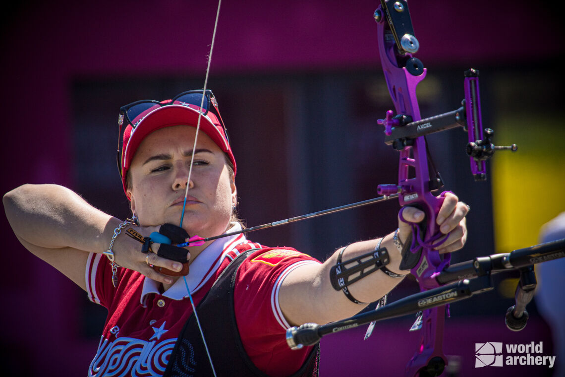 Ksenia Perova shoots during the final at the second stage of the Hyundai Archery World Cup in 2021.