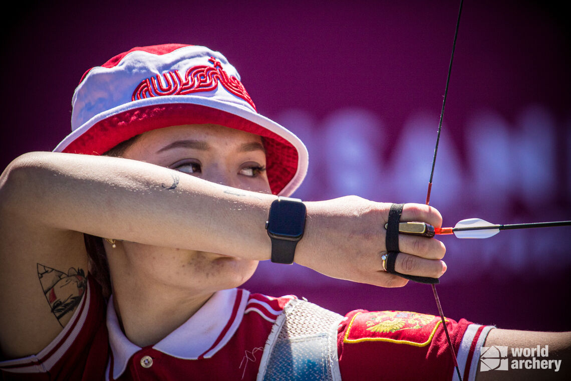 Svetlana Gomboeva shoots during the final at the second stage of the Hyundai Archery World Cup in 2021.