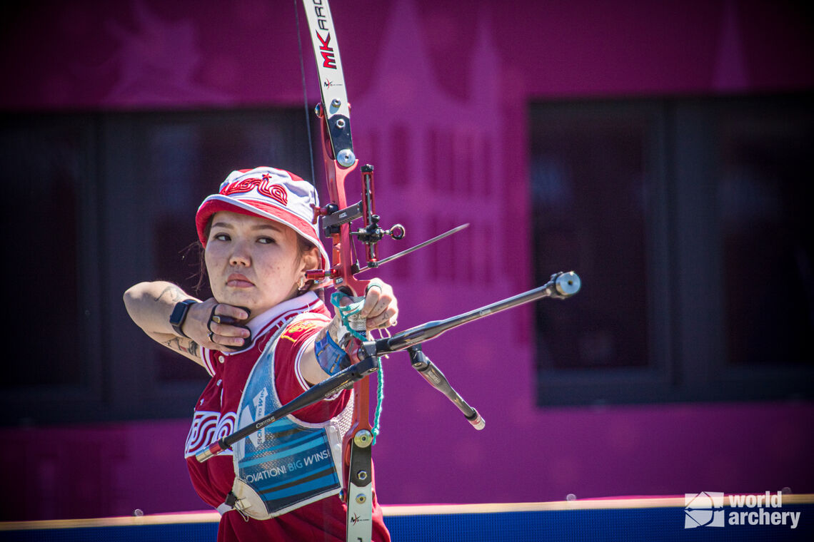 Svetlana Gomboeva shoots during the final at the second stage of the Hyundai Archery World Cup in 2021.
