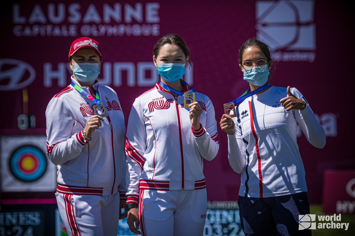 The recurve women’s podium at the second stage of the Hyundai Archery World Cup in 2021.