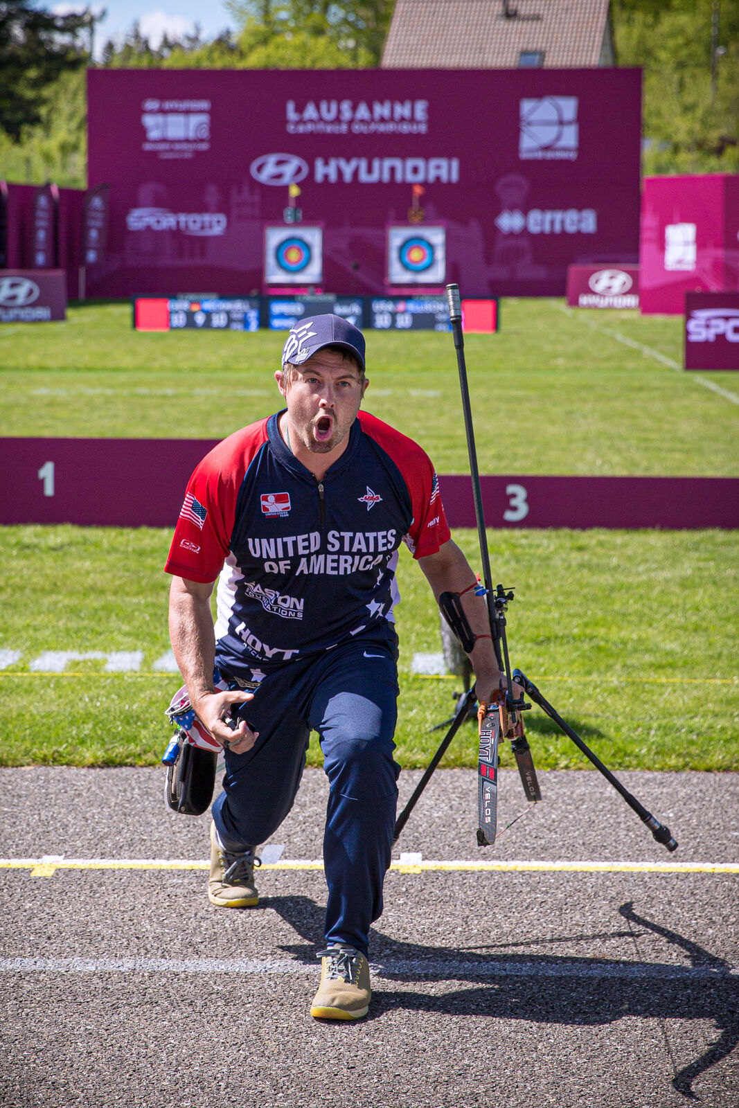 Brady Ellison celebrates winning the second stage of the Hyundai Archery World Cup in 2021.