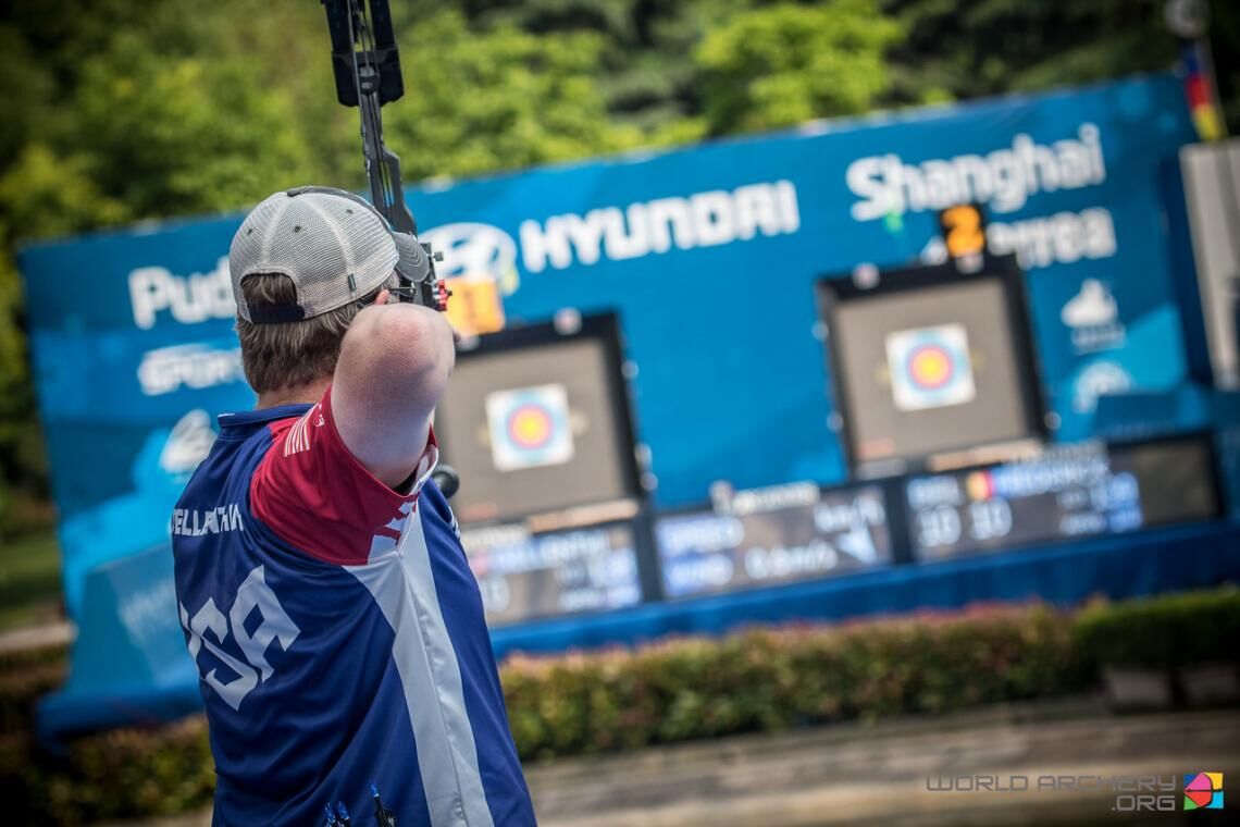 Braden Gellenthien shoots at the second stage of the 2019 Hyundai Archery World Cup in Shanghai.
