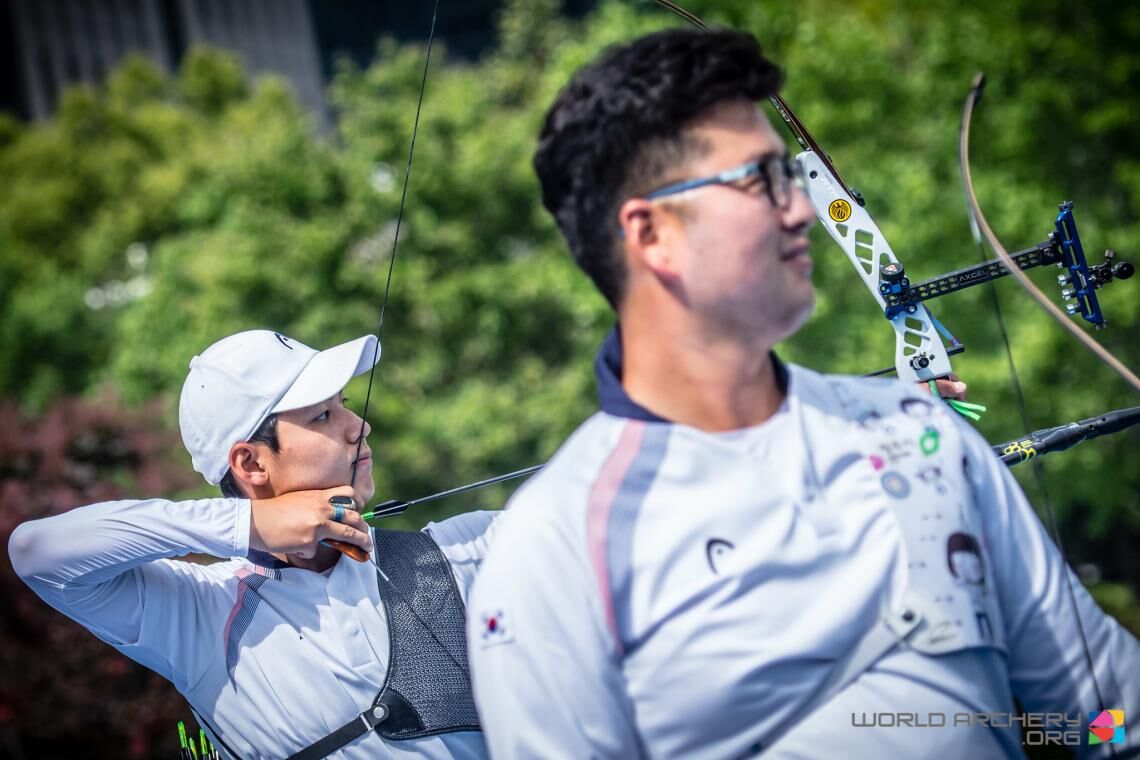 Lee Woo Seok shoots at the second stage of the 2019 Hyundai Archery World Cup in Shanghai.