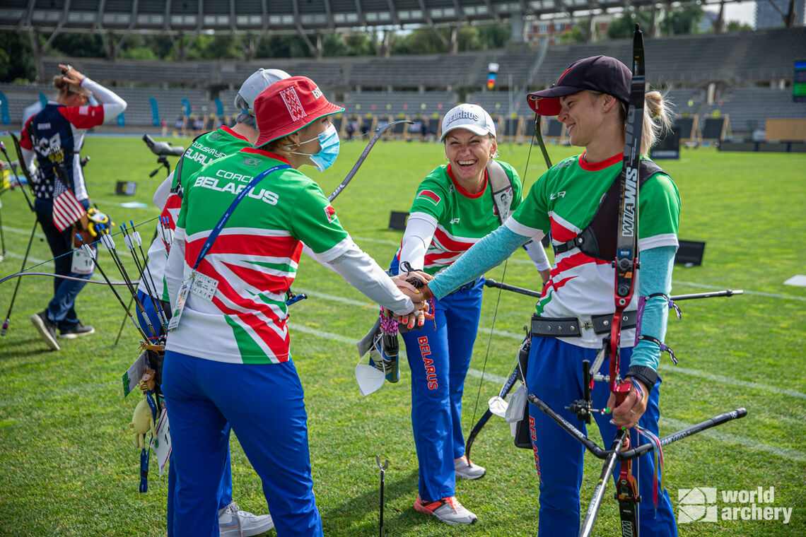Belarus’ recurve women during the third stage of the 2021 Hyundai Archery World Cup in Paris.
