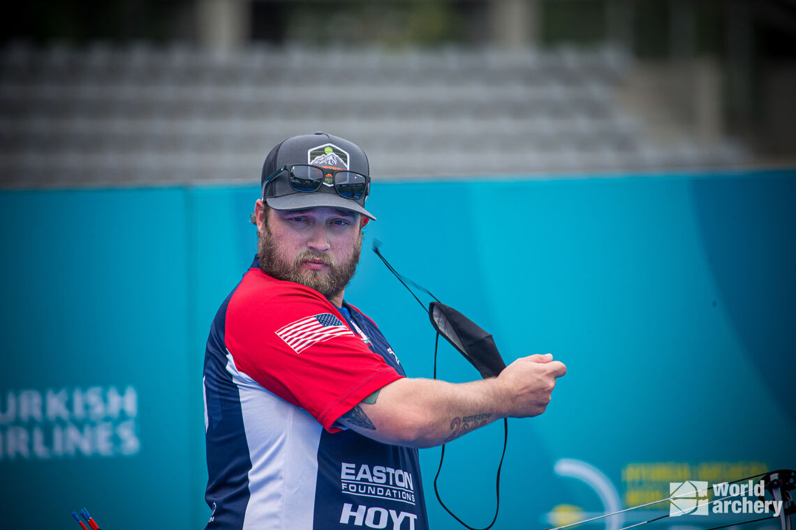 Kris Schaff in the arena at the third stage of the 2021 Hyundai Archery World Cup in Paris.