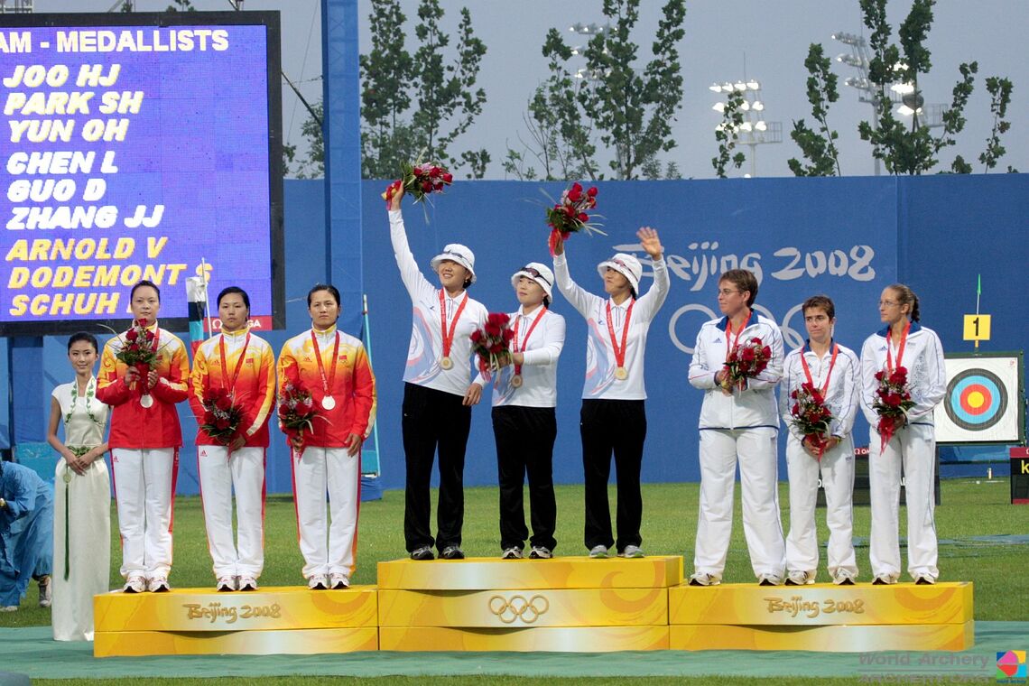 The Korean women’s team on the podium at the 2008 Olympics.