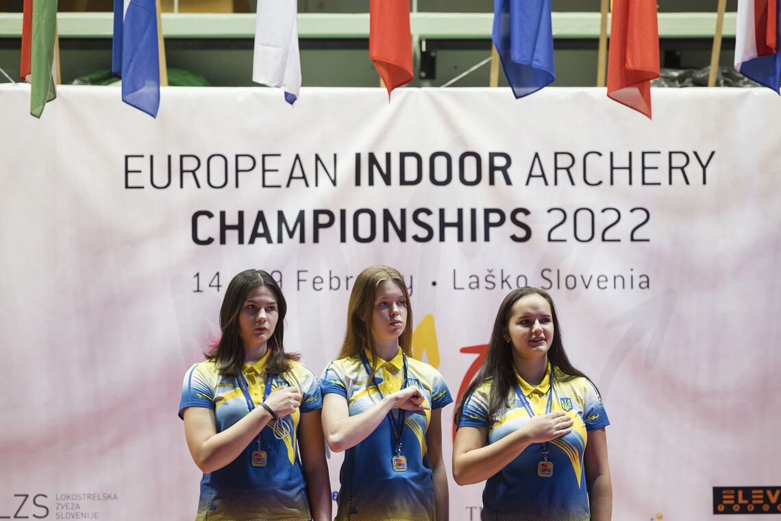 Ukraine's recurve team after winning gold at the 2022 Indoor Archery European Championship