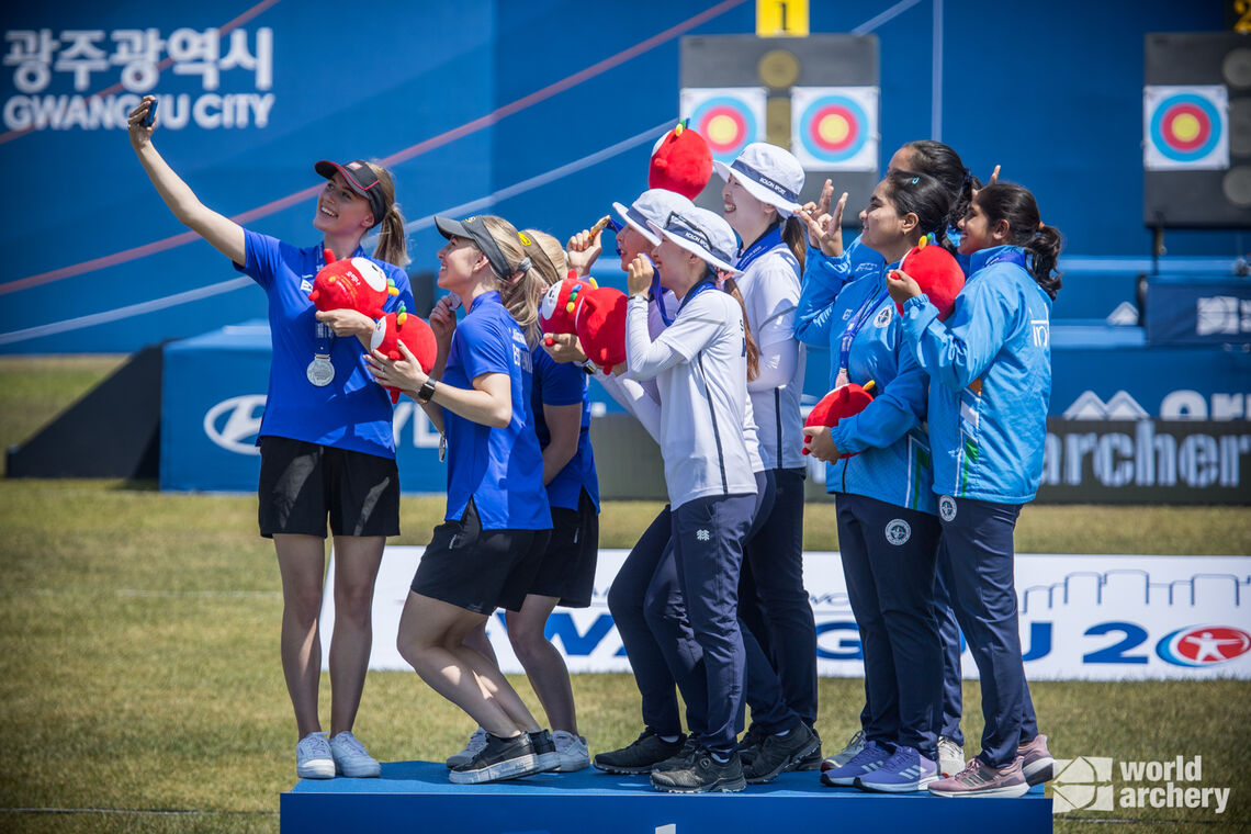 The podium of the compound women's team event at Gwangju 2022
