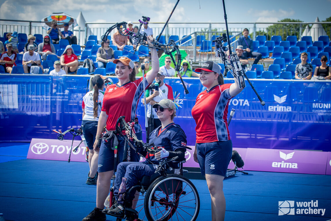 The British compound women, featuring Paralympic Champion Jess Stretton, celebrate a European title.