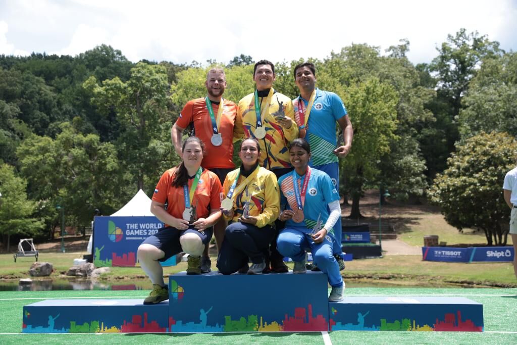 The podium of the compound mixed team at the 2022 World Games