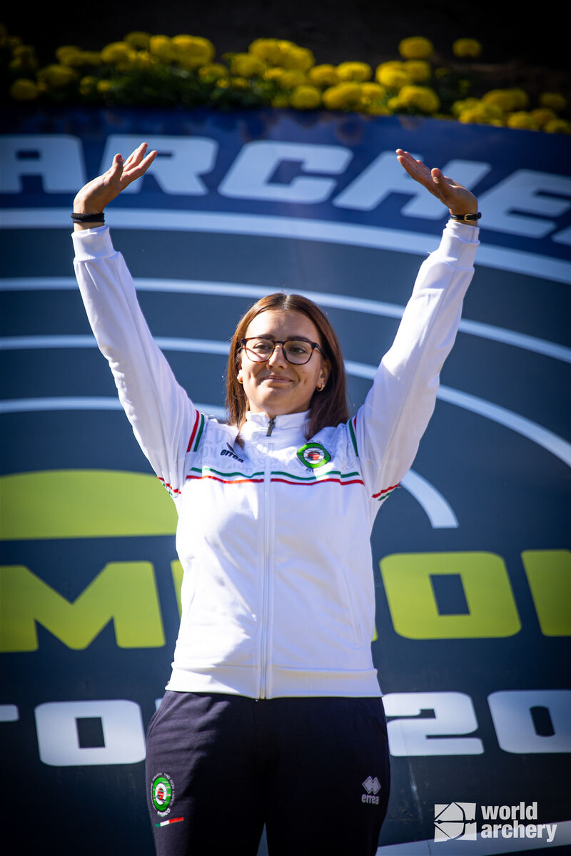 Chiara Rebagliati celebrates winning the World Archery Field Championships in 2022.