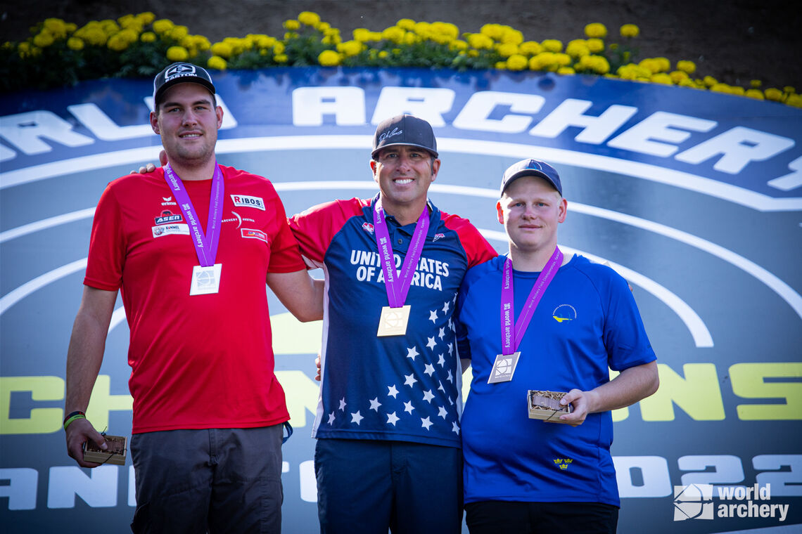 The compound men’s podium at the 2022 World Archery Field Championships (left to right): Nico Wiener, Dave Cousins and Alexander Kullberg.