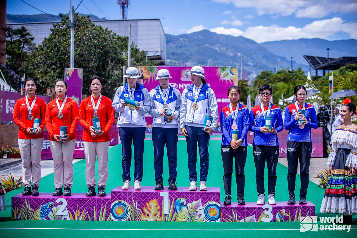 Recurve women’s team podium at Medellin 2023.