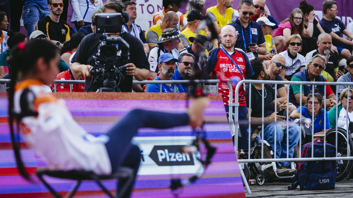 Matt Stuzman cheering on Sheetal Devi as she claims a silver medal.