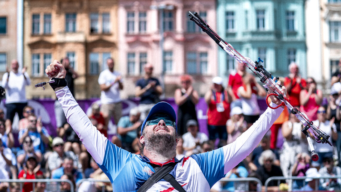 David Drahoninsky celebrates achievement of winning three medals on home turf.