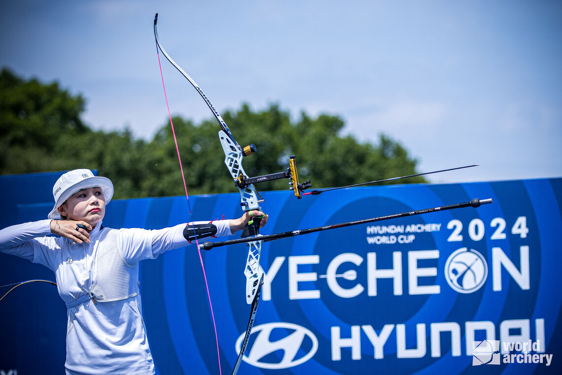 Jeon Hunyoung shoots during the recurve women’s team final in Yecheon.