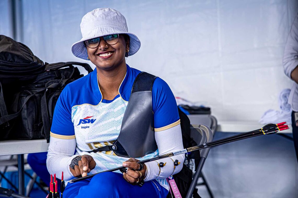 Deepika Kumari smiling during practice in Paris 2024.