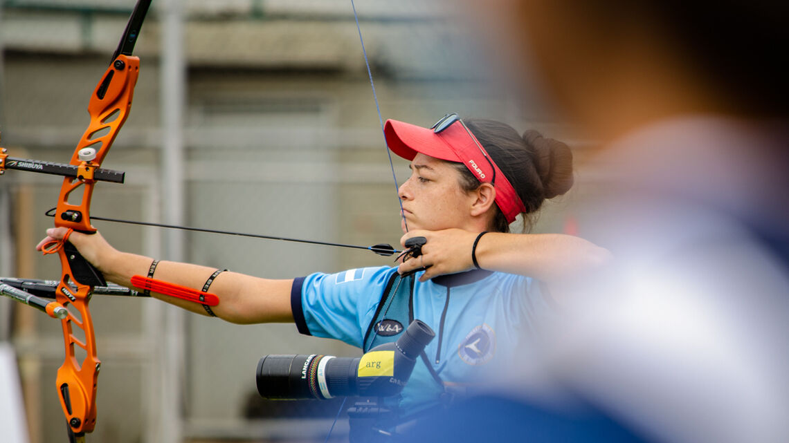 An archer shoots during practice during the world ranking event in Medellin in 2021.