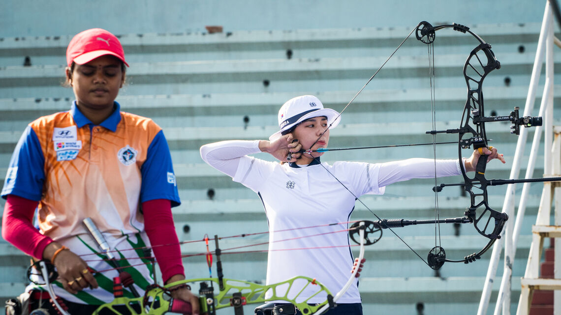 Jyothi Surekha Vennam waits to shoot during the 2021 Asian Championships.