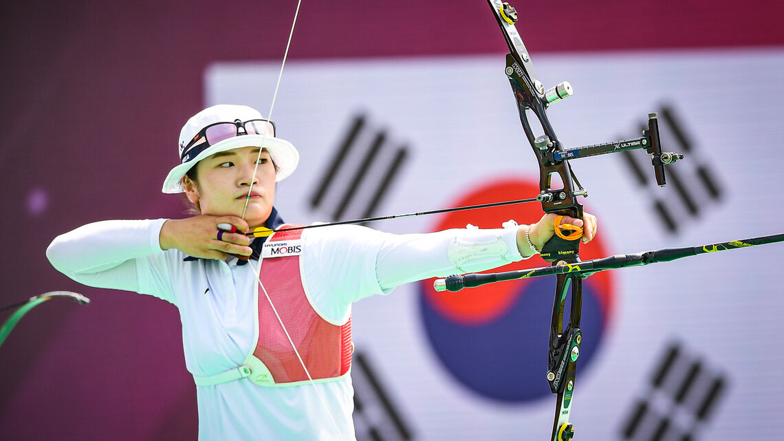 Kang Chae Young shoots during the 2021 Asia Cup leg in Gwangju.