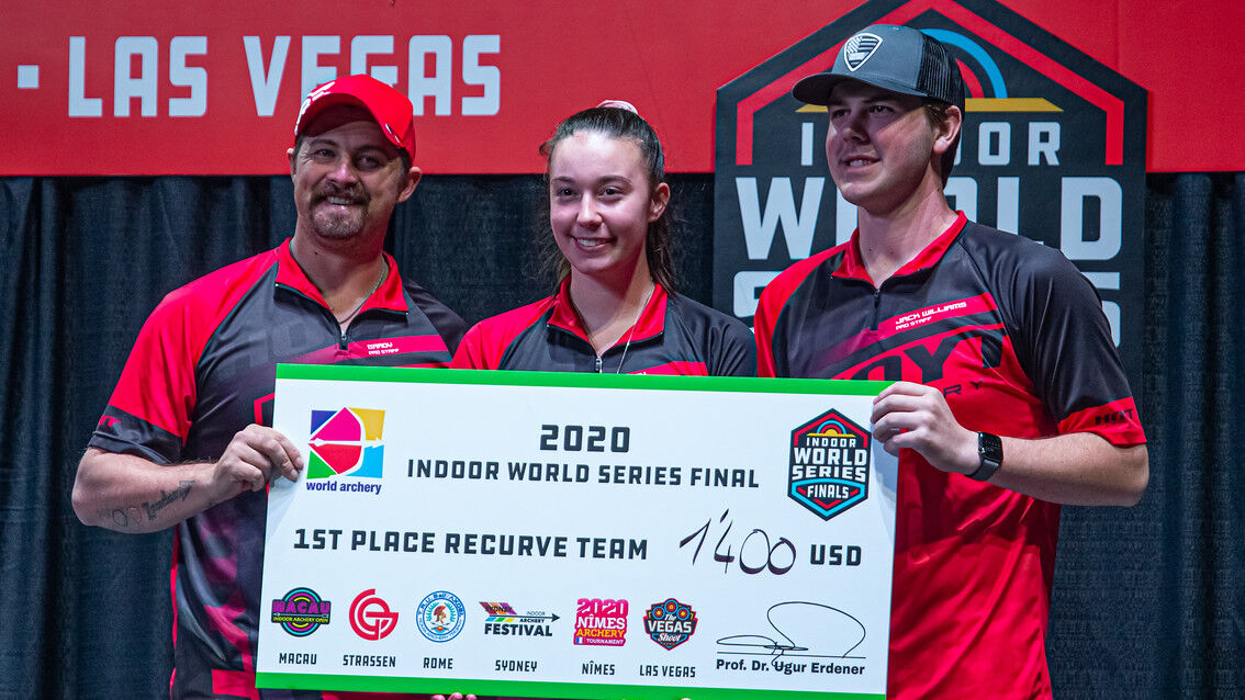 Lancaster Archery Supply collects its winning cheque at the Indoor Archery World Series Finals in 2020.