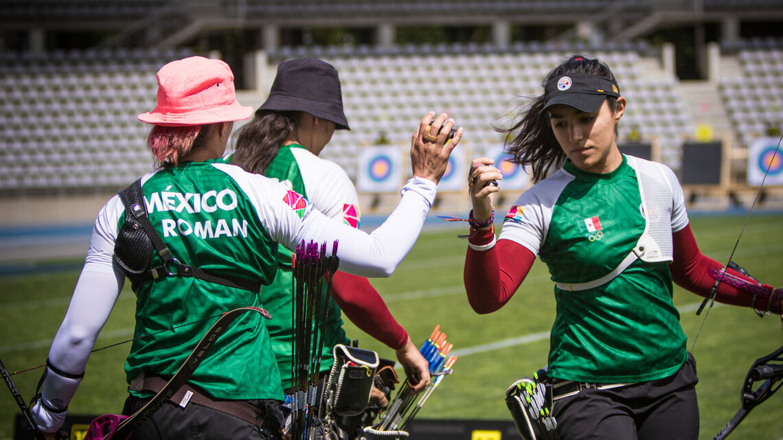 Mexico’s recurve women practise the team round at the final qualifier for Tokyo 2020.