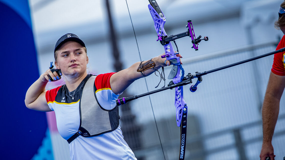 Charline Schwarz shooting at her second Olympics in Paris 2024.