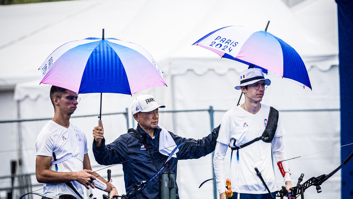 Oh Seon Tek with Thomas Chirault and Baptiste Addis on familiarisation day at Paris 2024.