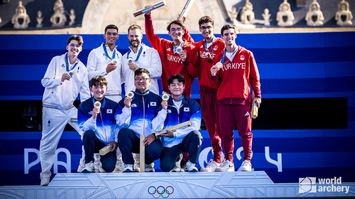 The recurve men’s team podium at the Paris 2024 Olympics.