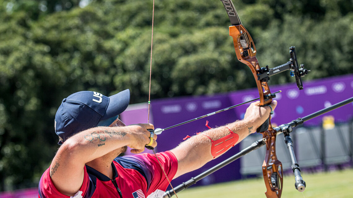 Brady Ellison shoots during practice at the Tokyo 2020 Olympic Games.