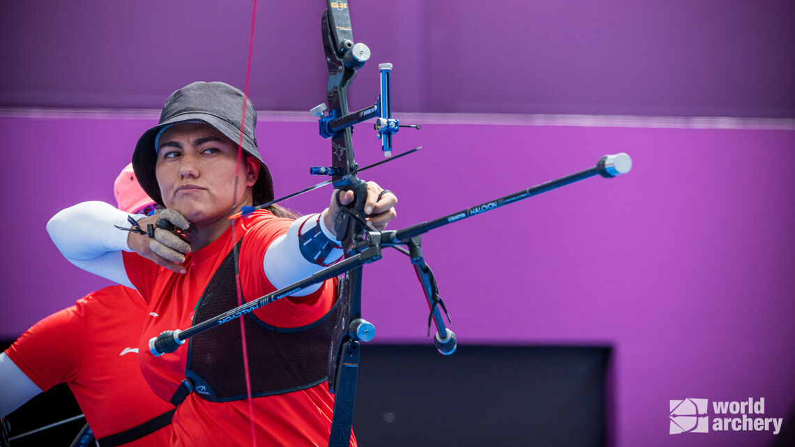 Alejandra Valencia shoots during the Tokyo 2020 Olympic Games.
