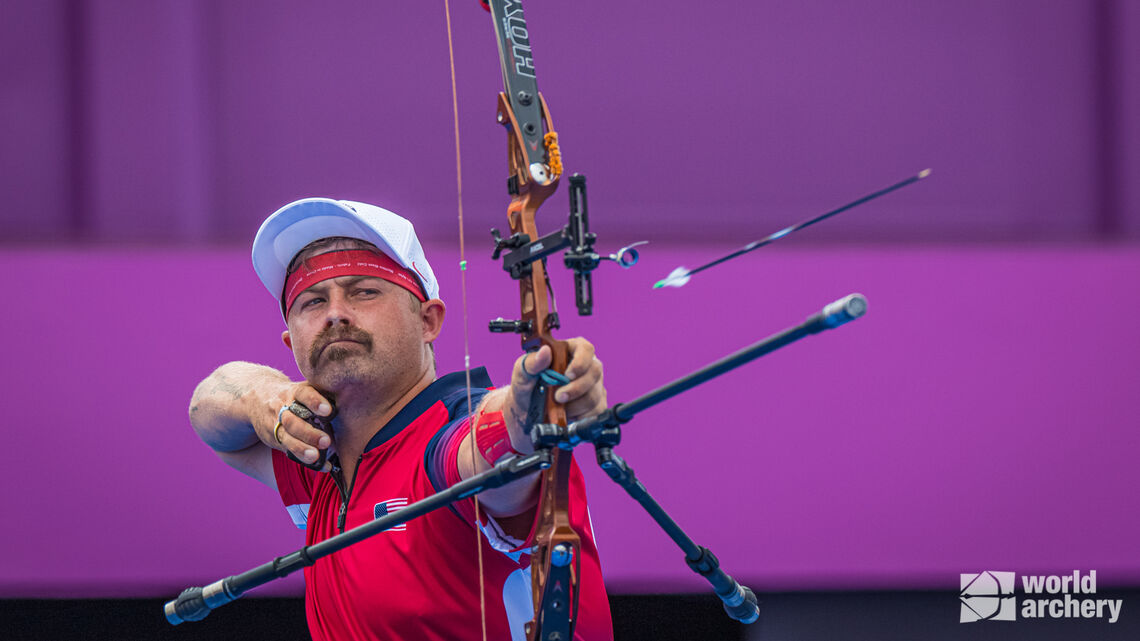 Brady Ellison shoots at the Tokyo 2020 Olympic Games.