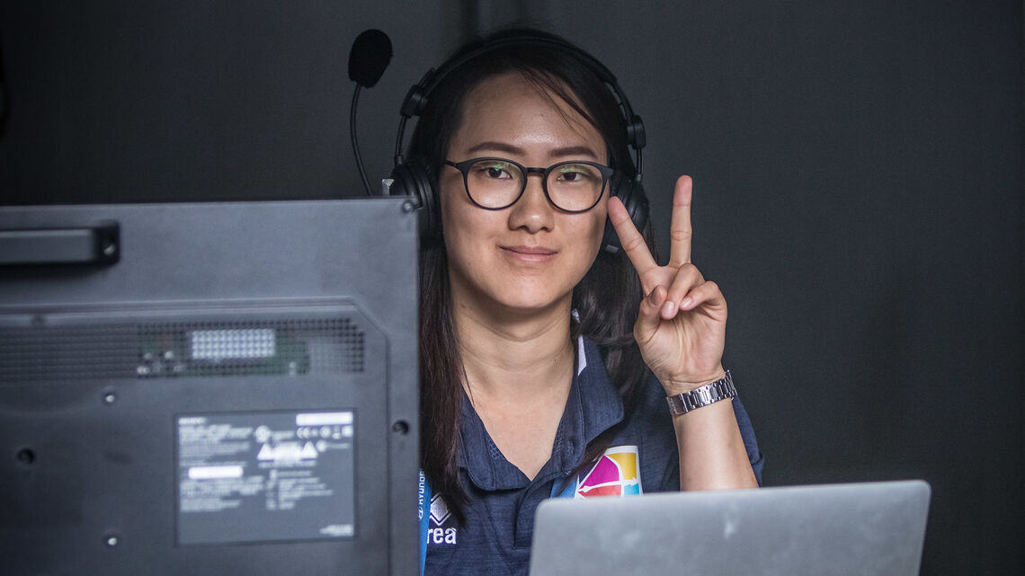 Vanessa Lee in the commentary booth at the Hyundai World Archery Championships in 2019.