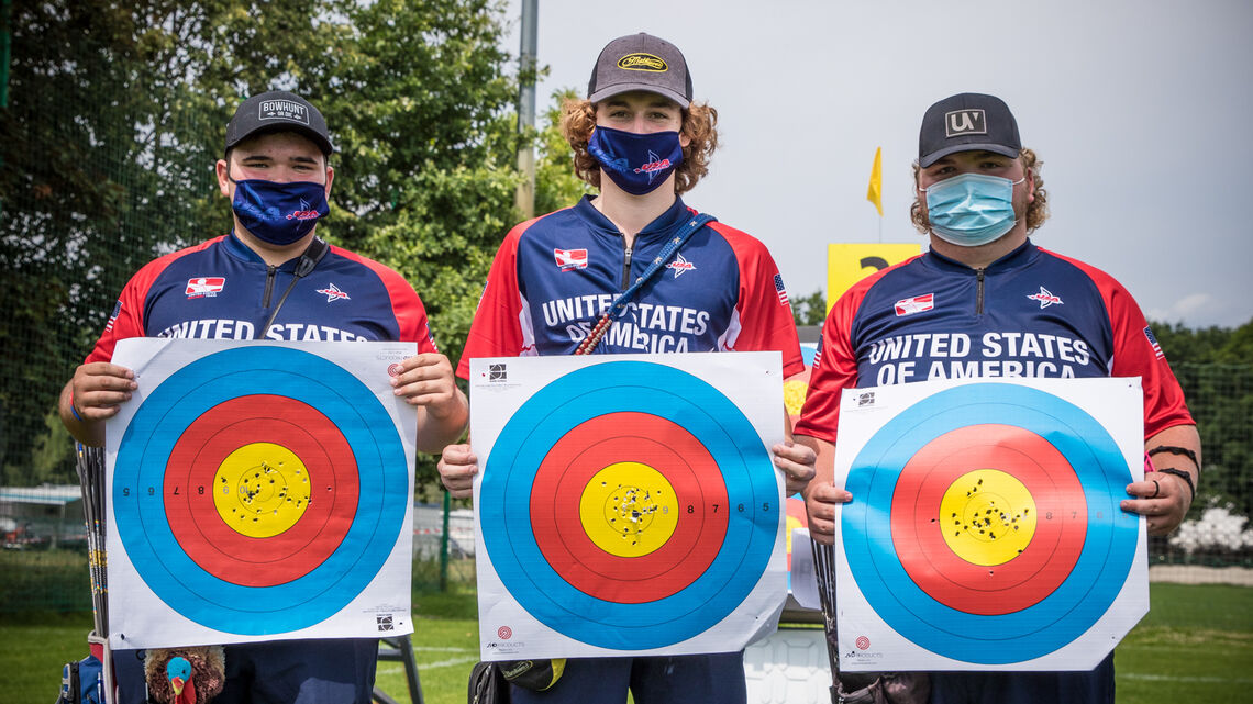 The USA under-18 compound cadet men’s team with their world-record targets in Wroclaw.
